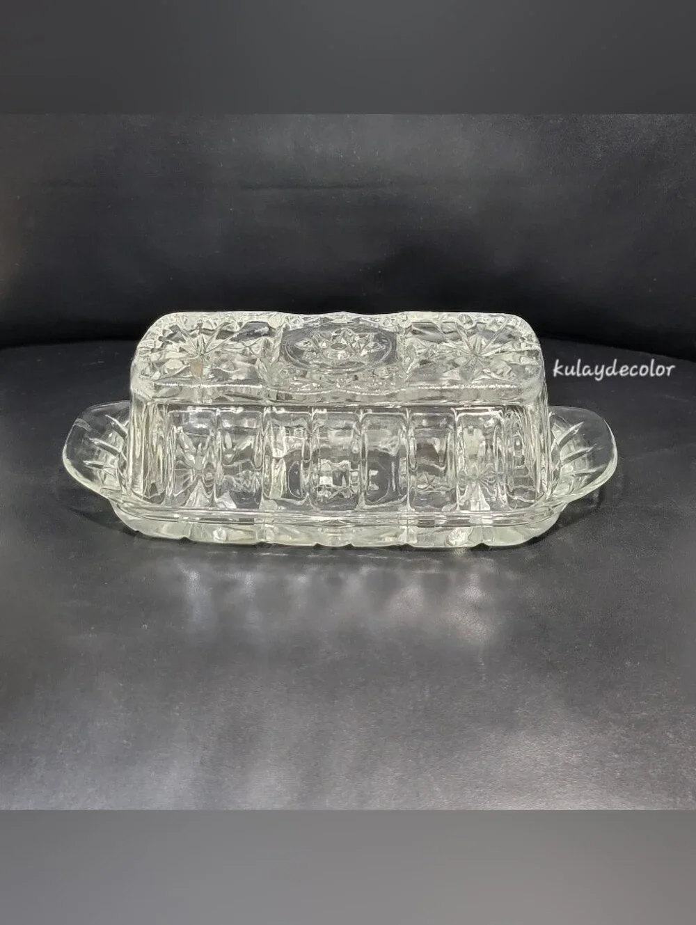 Vintage Anchor Hocking Pressed Glass Covered Butter Dish Star of David Pattern